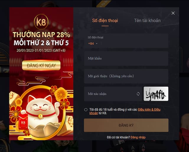Đăng ký tài khoản cá cược tại K8 rất đơn giản và nhanh chóng
